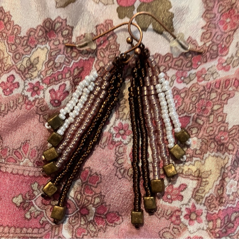 Handmade Miyuki Beaded Brown Pearl Bronze Fringe Chandelier Statement Earrings